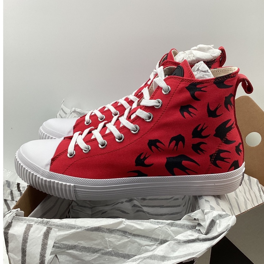 McQ Alexander McQueen Swallow Swarm Vulc High Red Canvas Sneakers EU 41 Mens 8